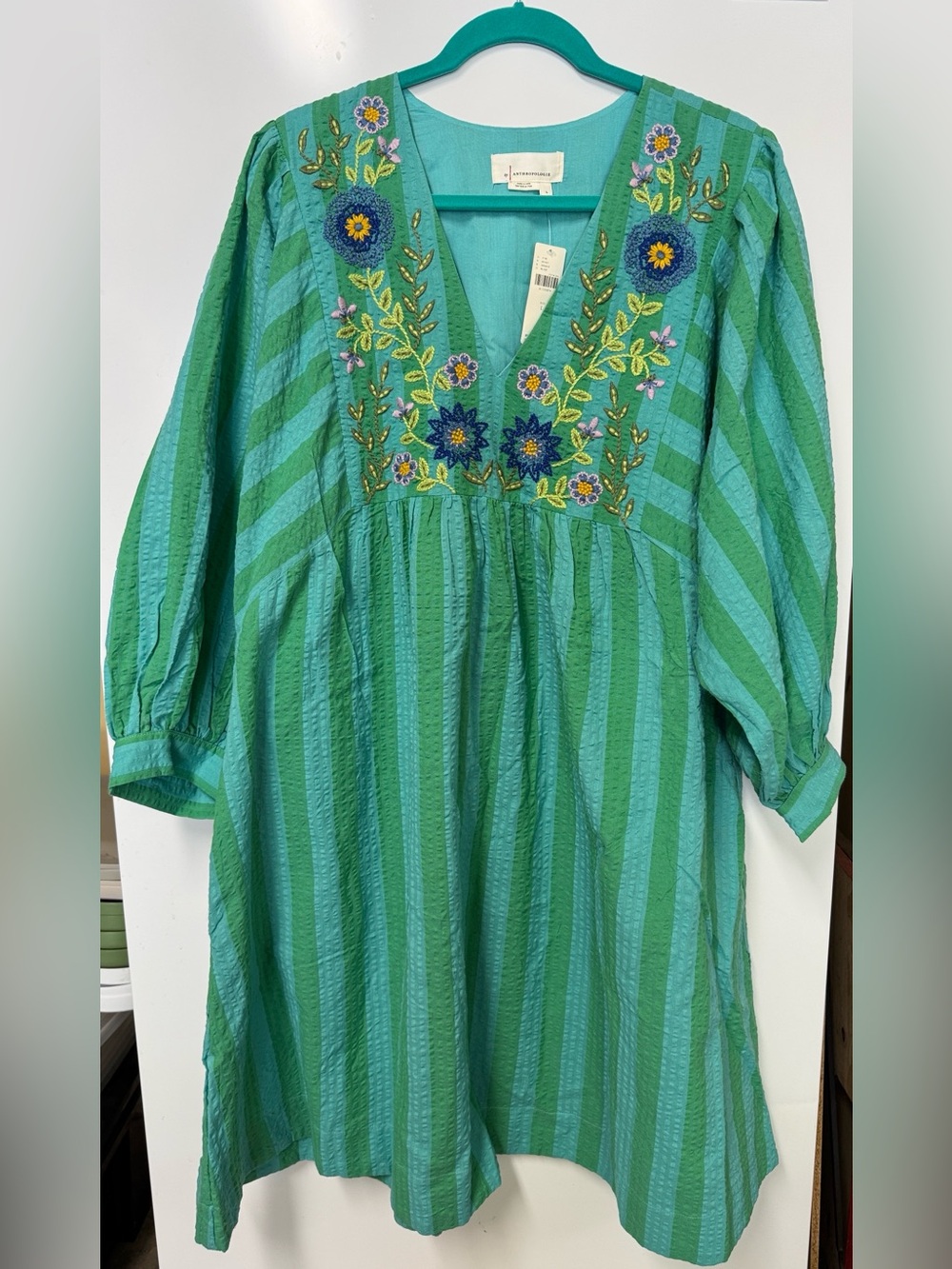 Anthropologie Teal and Green Embroidered V-Neck Tunic - Picture 11 of 11